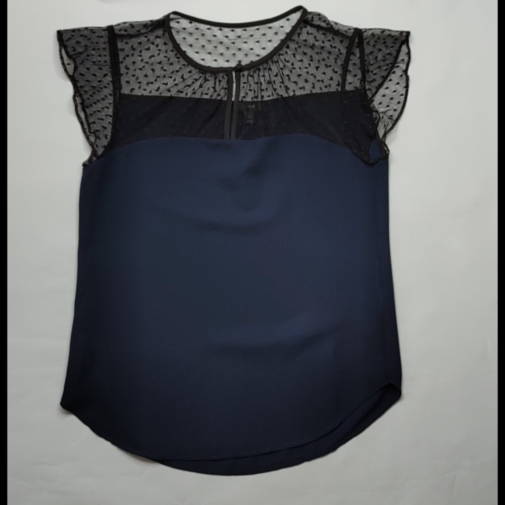J Crew Navy Keyhole Blouse with Sheer Shoulders